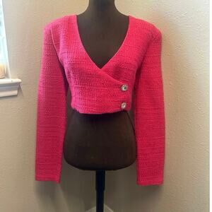NWT Zara Pink Textured Tweed Cropped Wrap Blazer jewel buttons size Large